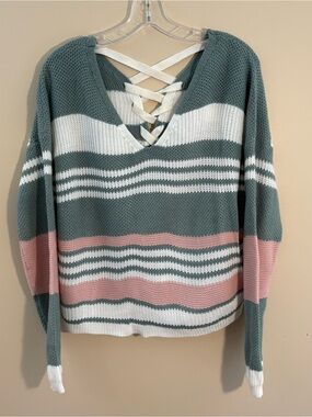 FCT With Love Striped Knit Sweater Lacy Up Back. Size-XL